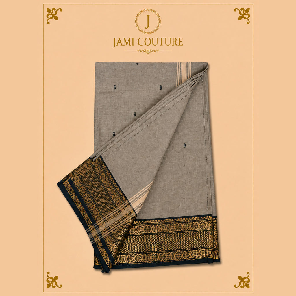 Warm Grey Cotton Saree, Black & Gold Medallion Border