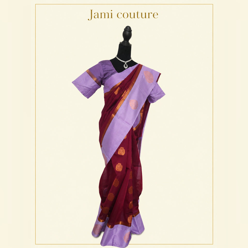 Wine Silk Cotton Saree with Lavender Border