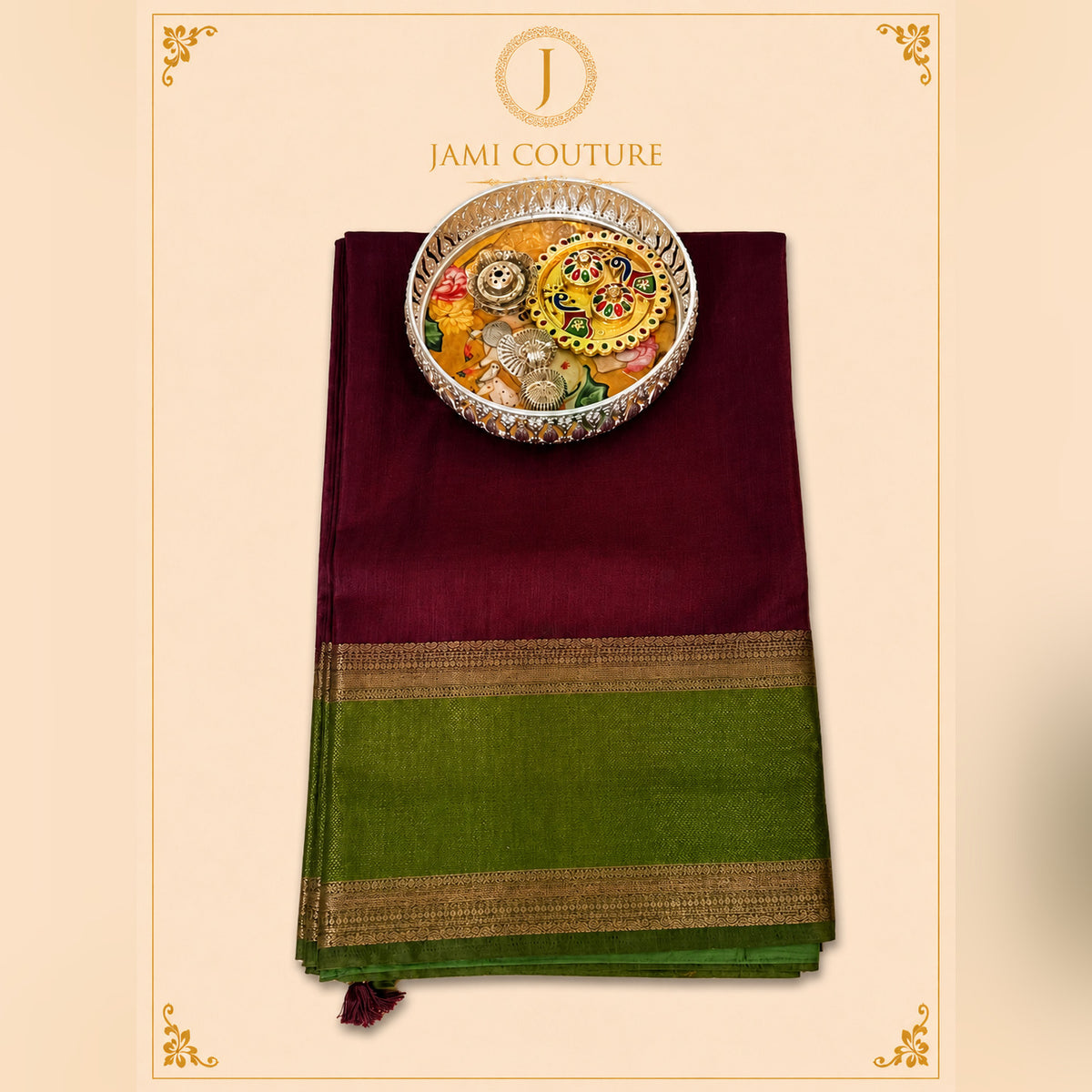 Wine & Olive Handloom Jute Saree Set