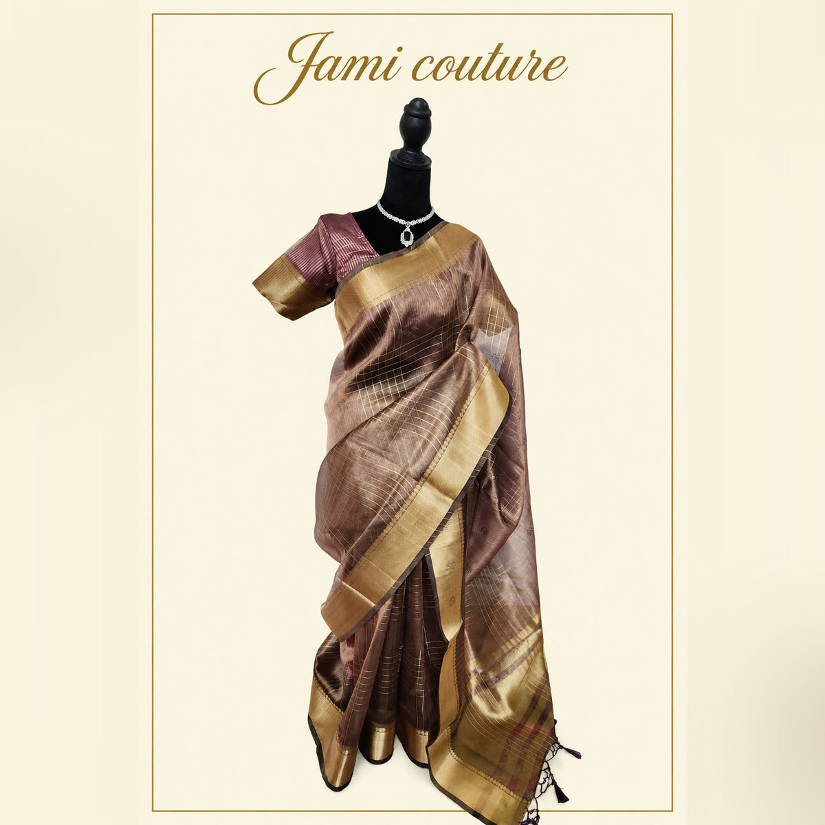 Wine Tissue Organza Saree with Gold Zari Checks